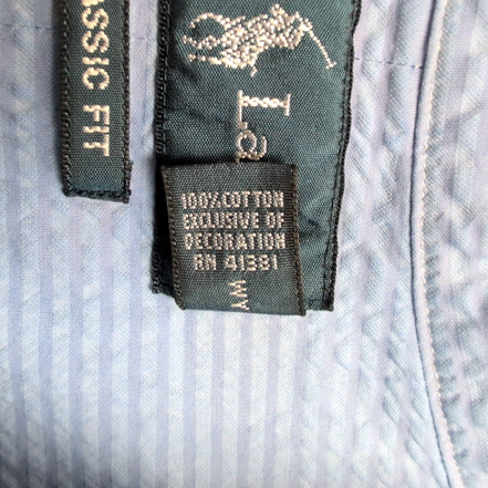 Chemise Ralph Lauren L Bleue Rayures Gaufrées Coton Manches Courtes Logo Rose