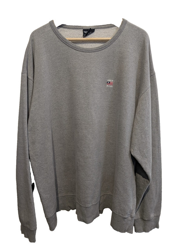 Sweat Polo Jeans Ralph Lauren XL gris logo drapeau USA brodé col rond