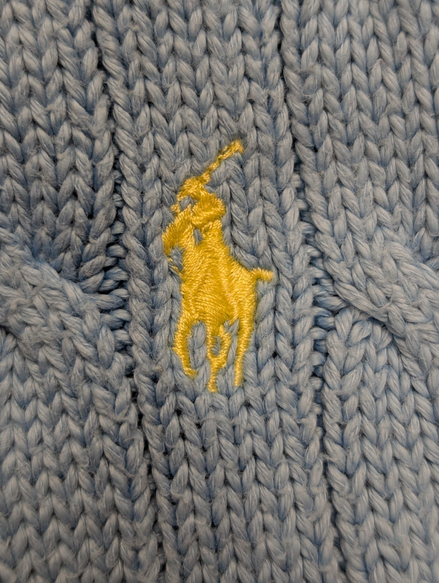 Pull Polo Ralph Lauren Torsadé Bleu Ciel Logo Jaune - 100% Coton - Taille M
