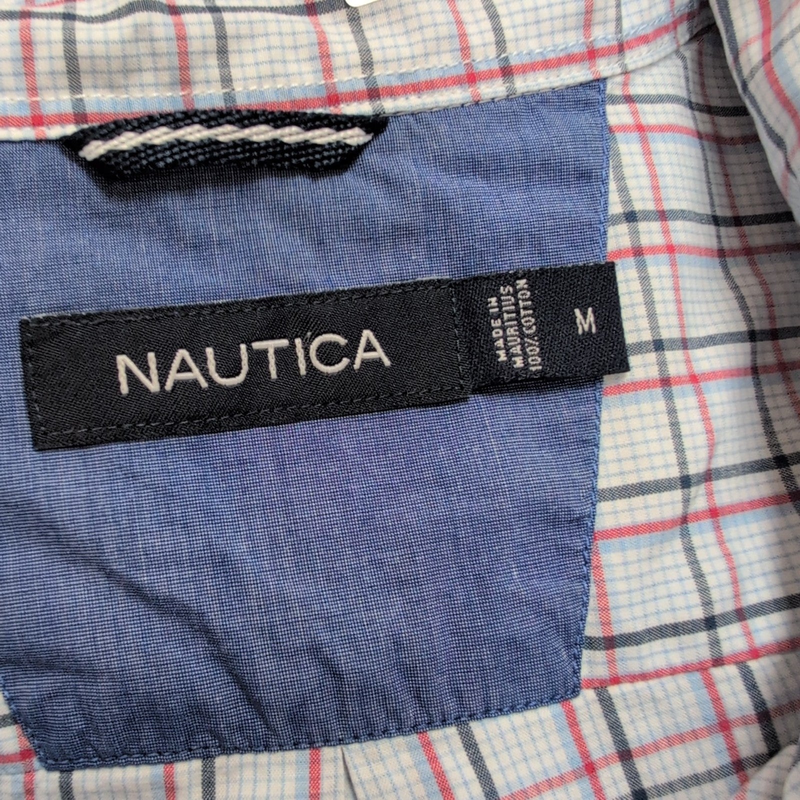 Chemise Nautica M Bleu Carreaux Rouge Noir Coton Logo Brodé Manches Courtes