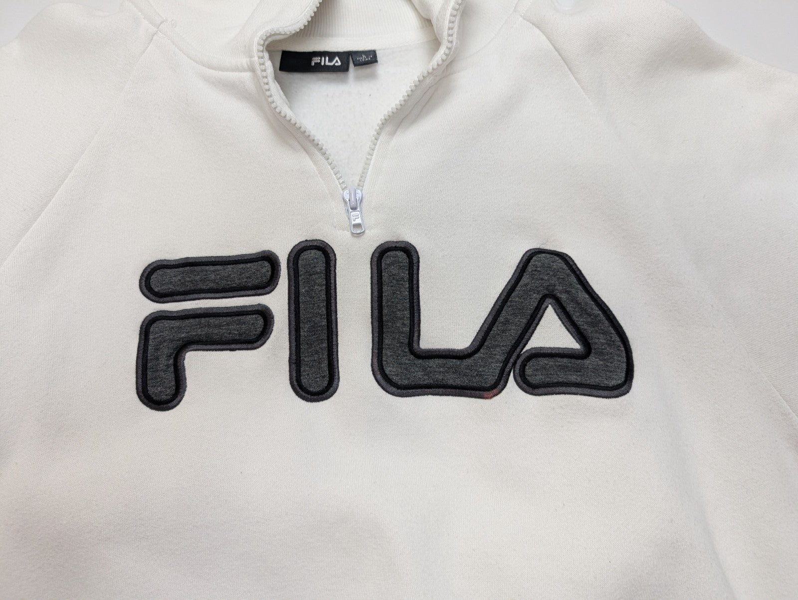 🤍 Sweat Fila Col Zippé Logo Brodé T. L - Blanc Vintage Sportswear
