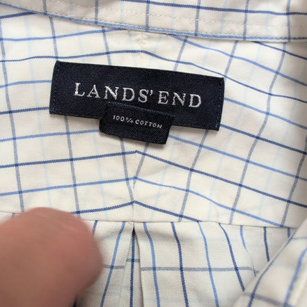 Chemise Lands' End Taille L Blanche Carreaux Bleus 100% Coton Manches longues