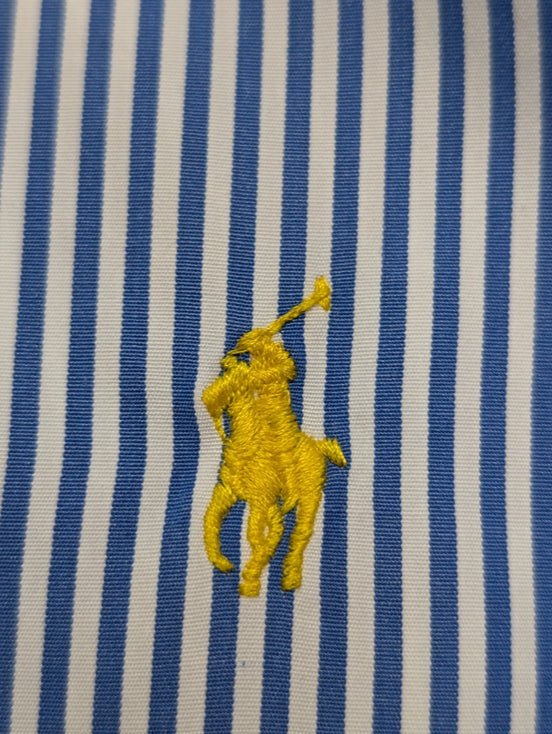Chemise Ralph Lauren bleue à rayures longue logo jaune taille L Long #2497