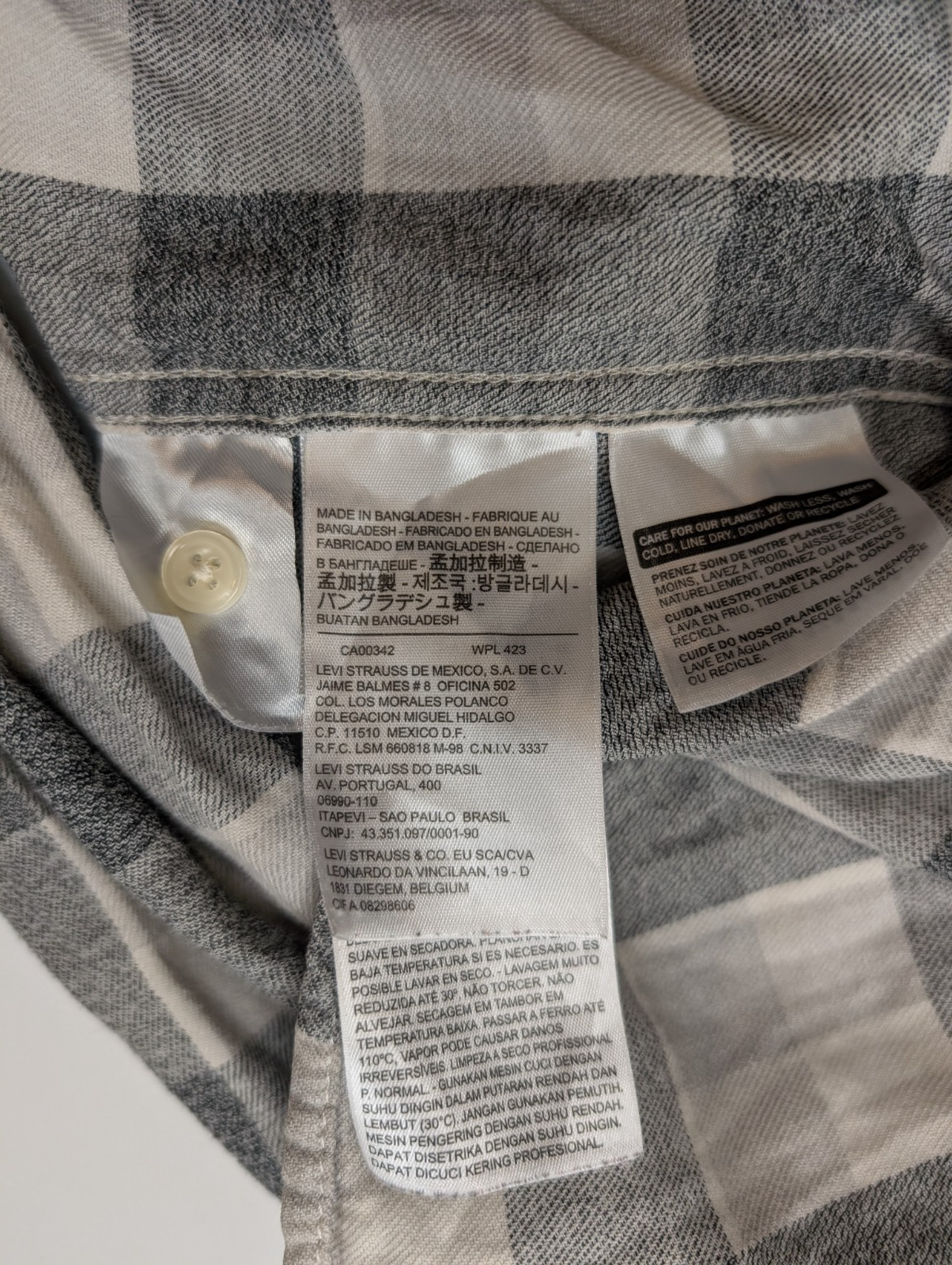 Chemise LEVI'S Western Flanelle à Carreaux Gris et Blanc Manches Longues T.M
