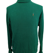Pull Col Roulé Ralph Lauren Vert 100% Coton Logo Marron - Taille S