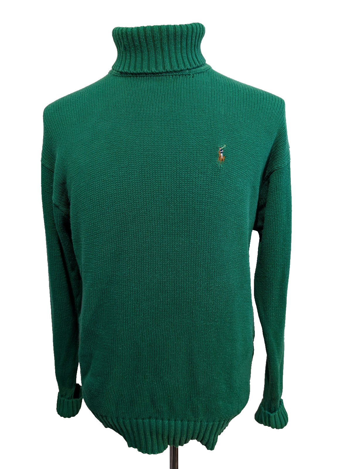 Pull Col Roulé Ralph Lauren Vert 100% Coton Logo Marron - Taille S