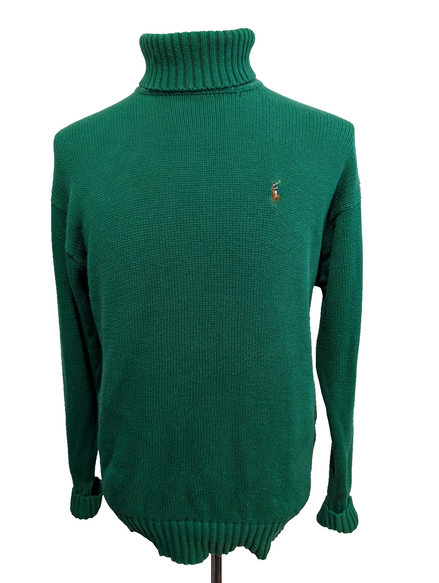 Pull Col Roulé Ralph Lauren Vert 100% Coton Logo Marron - Taille S