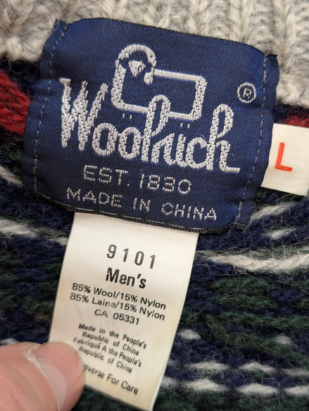 Pull WOOLRICH Vintage Laine Épais Motif Hiver Vert Gris Taille L Luxe Outdoor