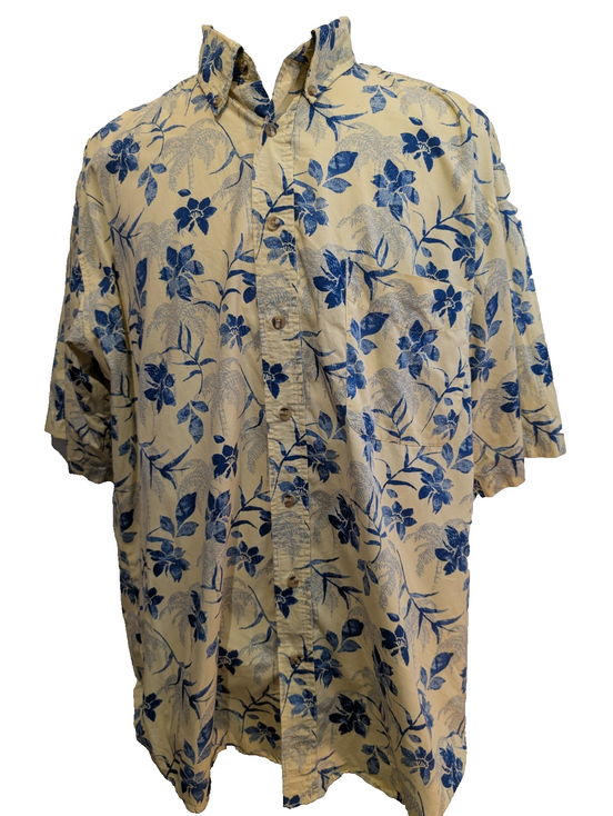 Chemise Hawaïenne Natural Issue Jaune Pâle Fleurs Bleues Coton - Taille XLT