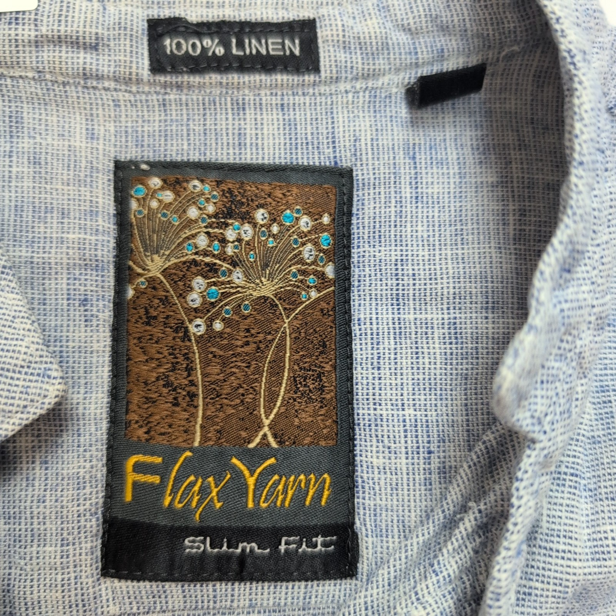 Chemise Flax Yarn M Bleu Chiné 100% Lin Col Mao Slim Fit manches courtes