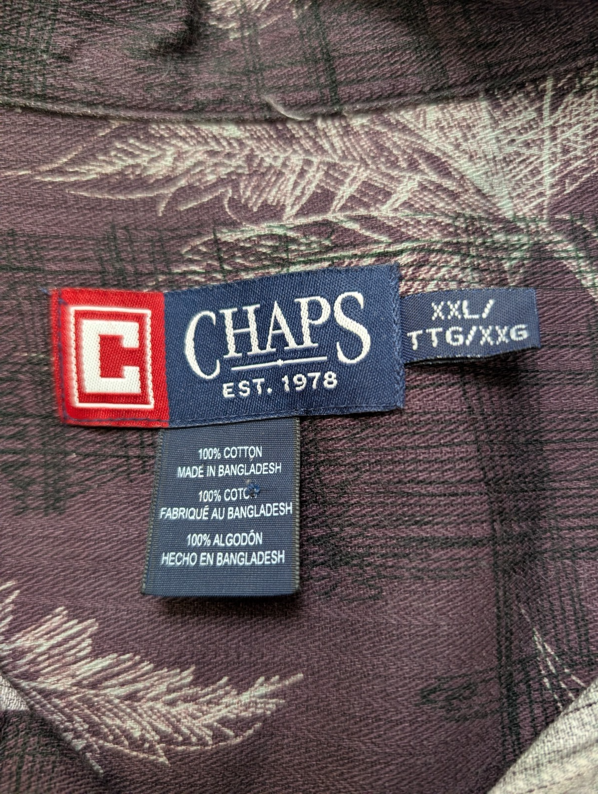 👕 Chemise CHAPS Ralph Lauren XXL (2XL) Vintage 100% Coton Violet Motif Palmiers