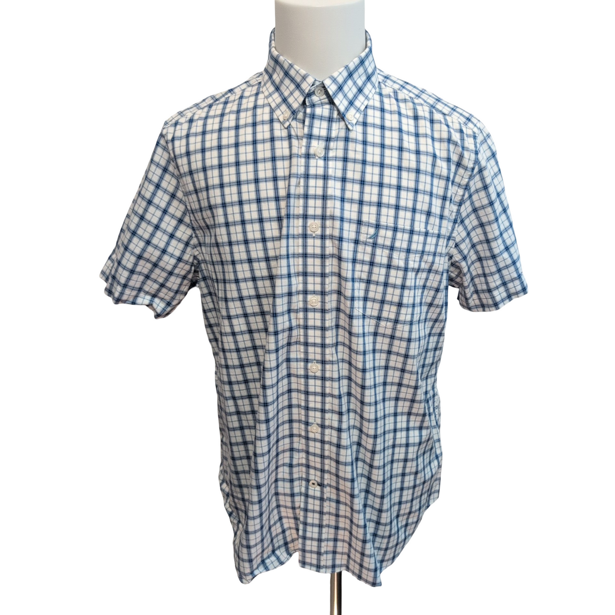 Chemise Nautica XL Bleu Carreaux 100% Coton Manches Courtes Logo Brodé