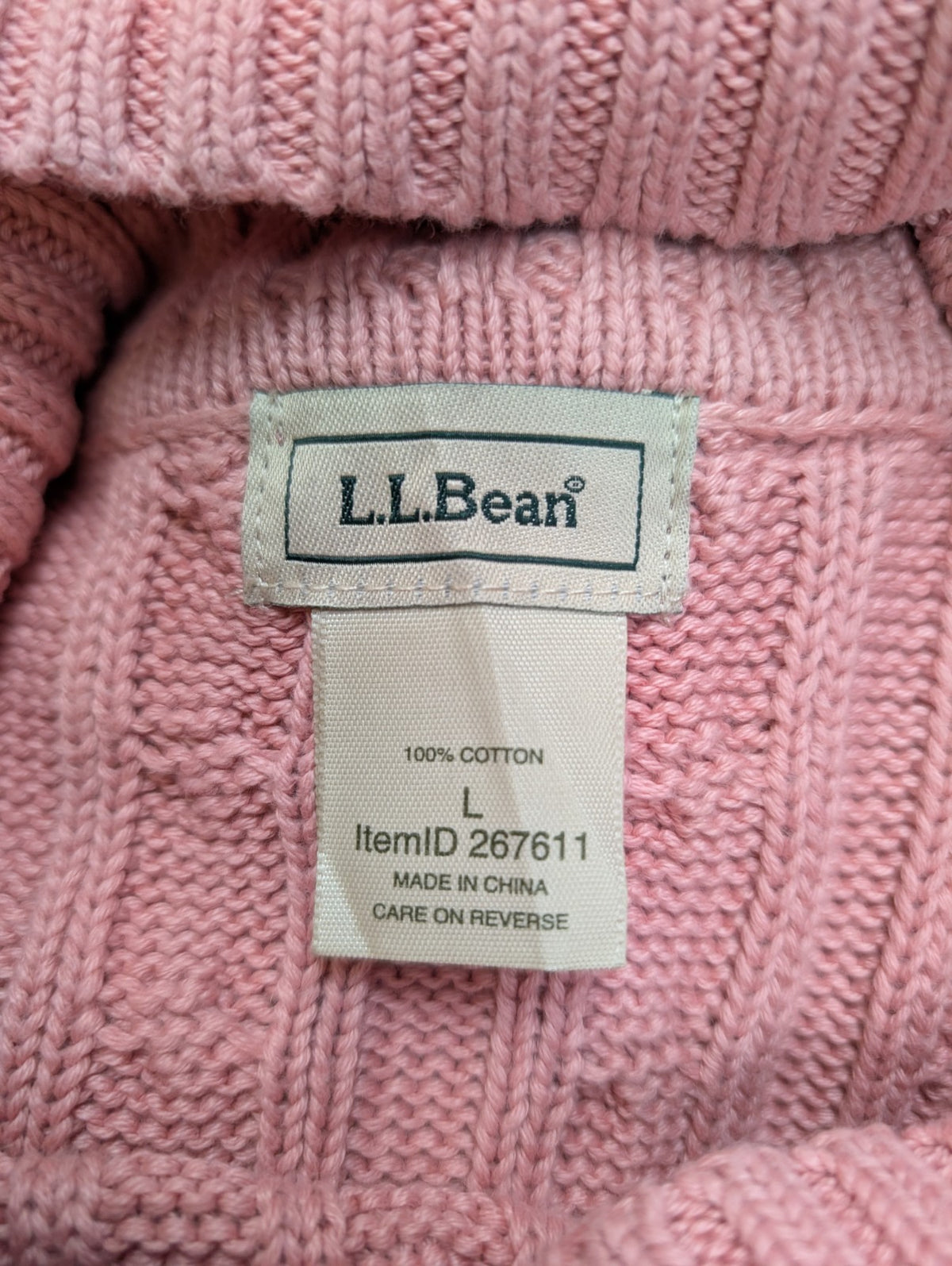 Pull L.L.Bean Femme L Rose Poudré Col Roulé Torsadé 100% Coton