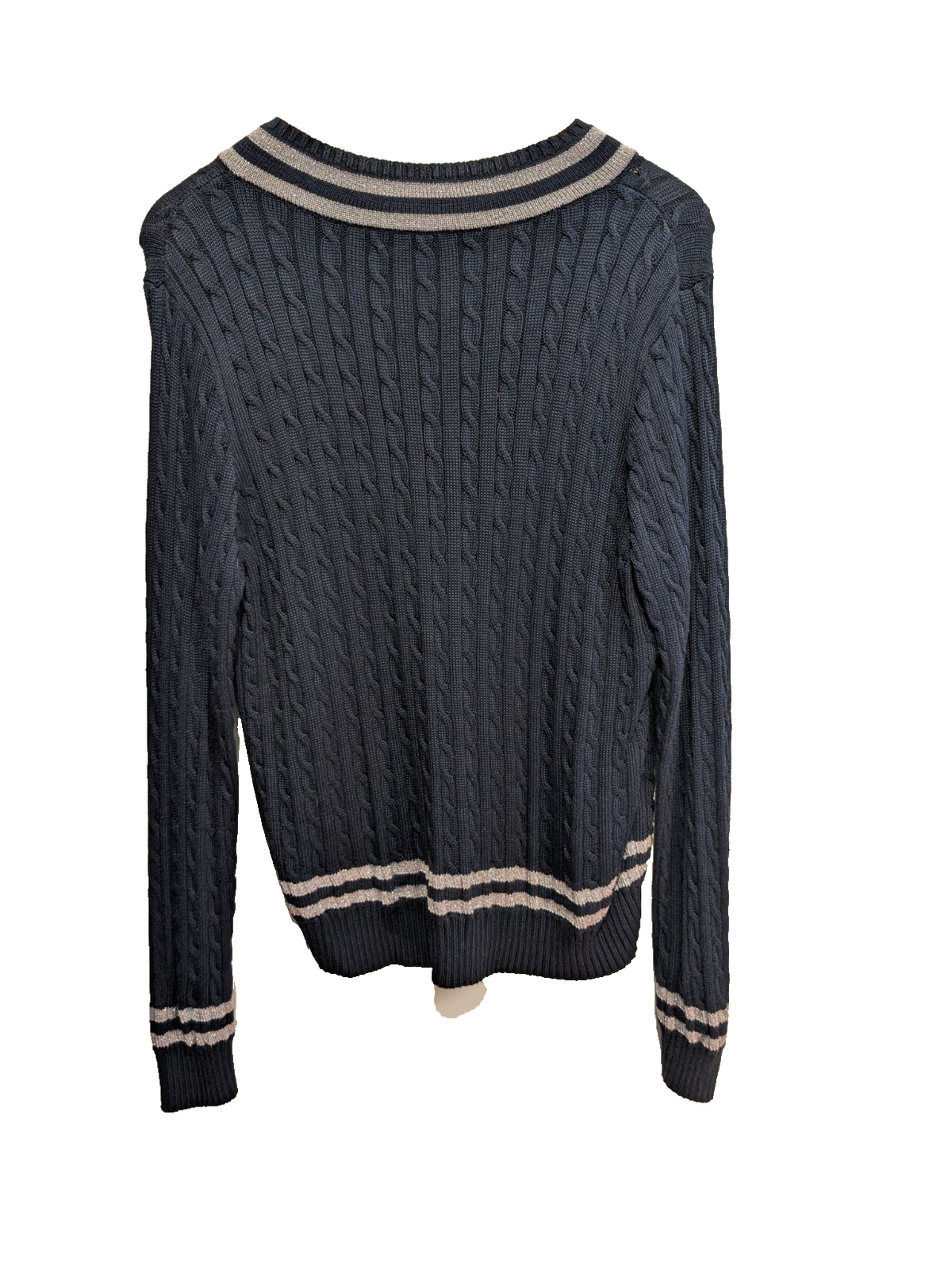 Pull LAUREN Ralph Lauren femme XL bleu marine torsadé col V rayures argentées