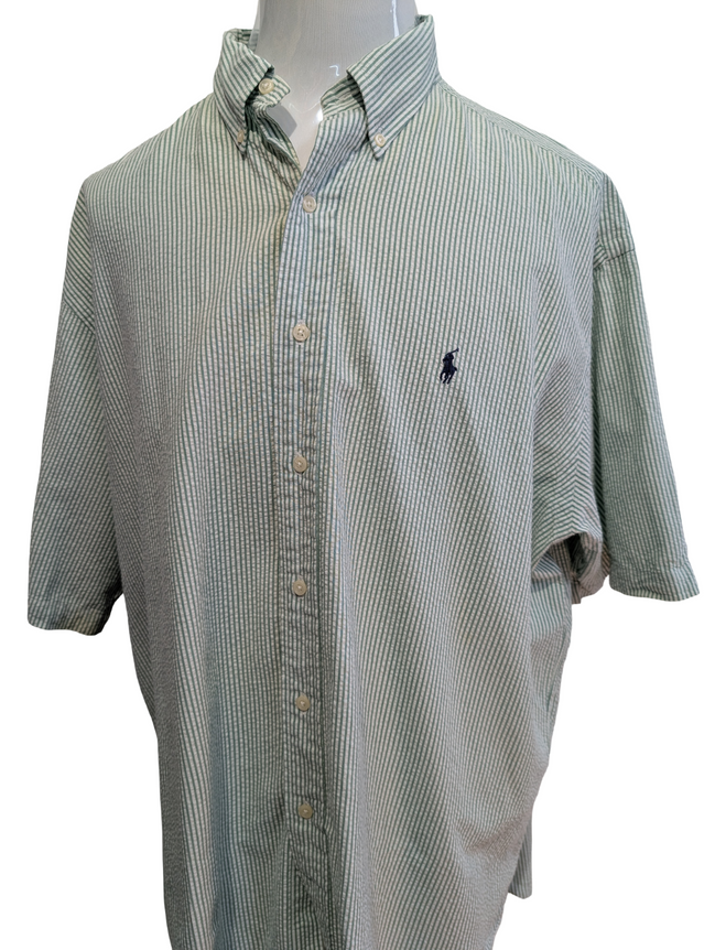 Chemise Polo Ralph Lauren Shirt XXL Blake Vert Rayé Gaufré Manches Courtes BD