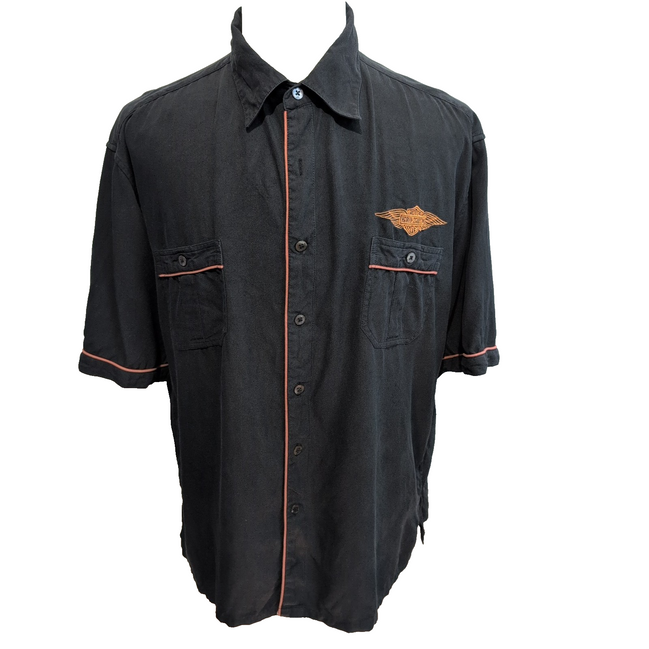 Chemise Harley Davidson XL Noir 100% Soie Boutons Gravés manches courtes