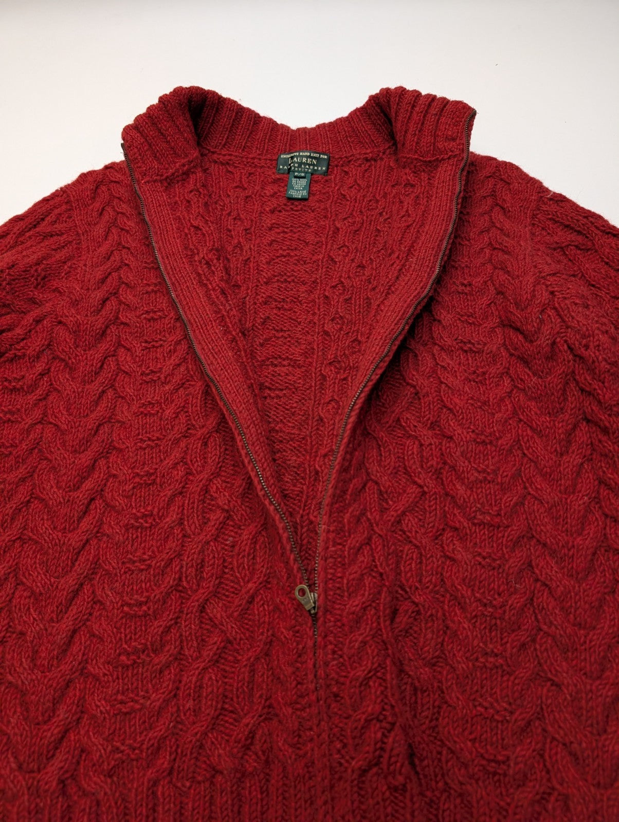 Gilet LAUREN RALPH LAUREN Rouge 100% LAINE Fait Main Torsadé Luxe Rare Femme