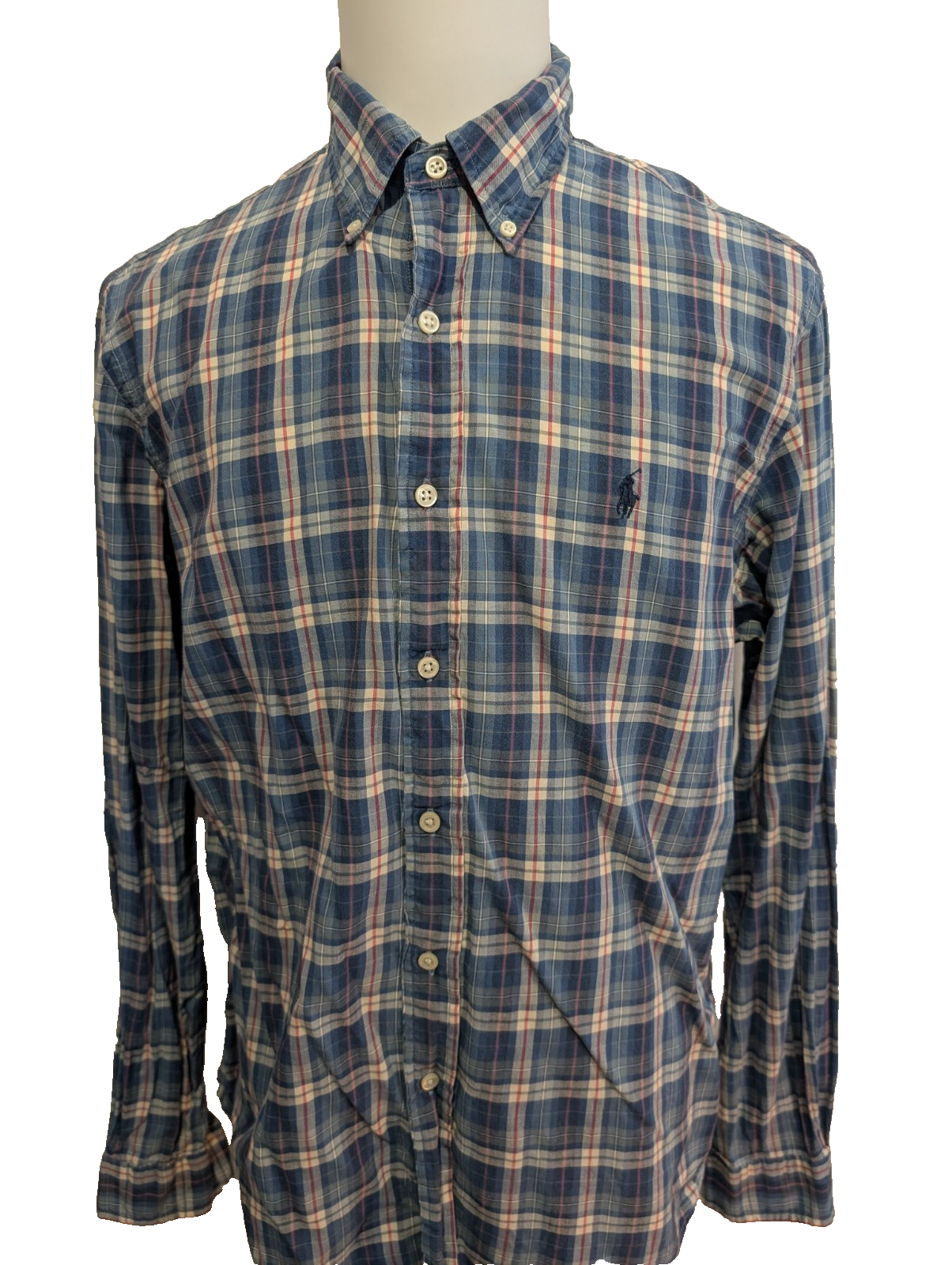 CHEMISE Ralph Lauren Homme L CUSTOM FIT Bleu Carreaux TBE Réparée 100% Coton