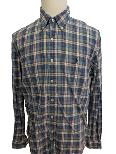 CHEMISE Ralph Lauren Homme L CUSTOM FIT Bleu Carreaux TBE Réparée 100% Coton