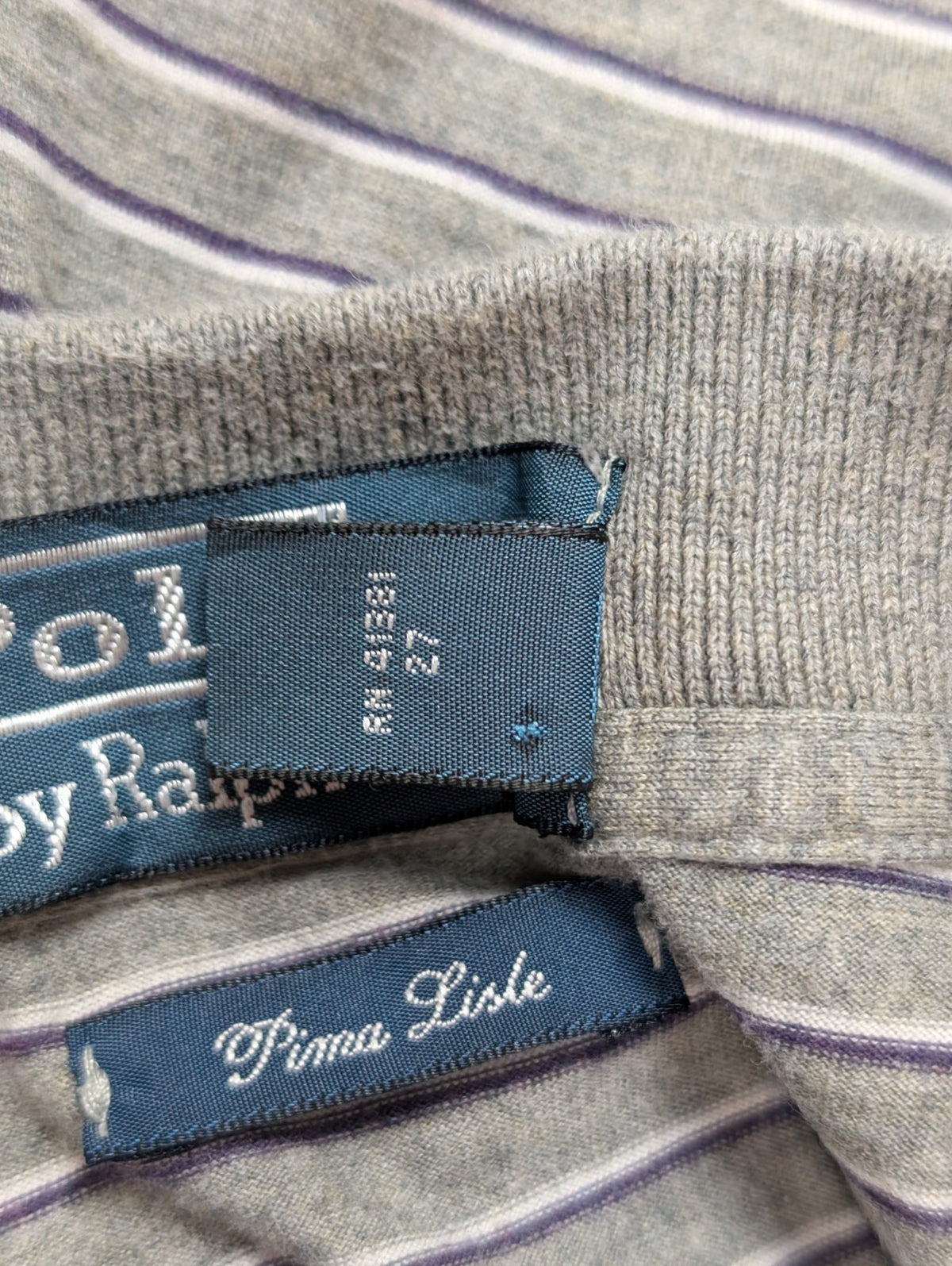 Polo manches courtes Polo Ralph Lauren L gris rayures Pima Lisle logo bas