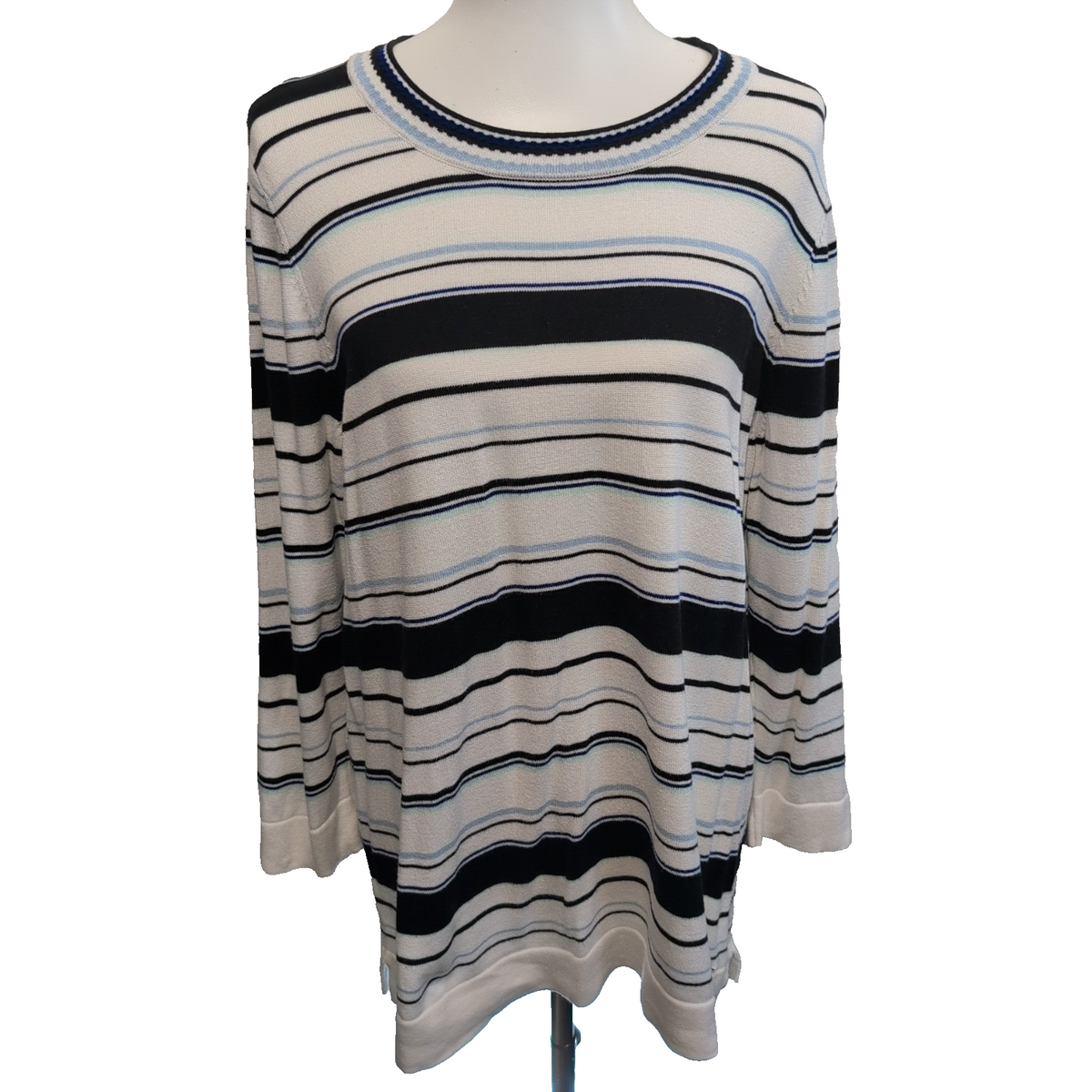 Calvin Klein Pull Femme M Coton Rayures Bleu Marine Blanc Manches 3/4 