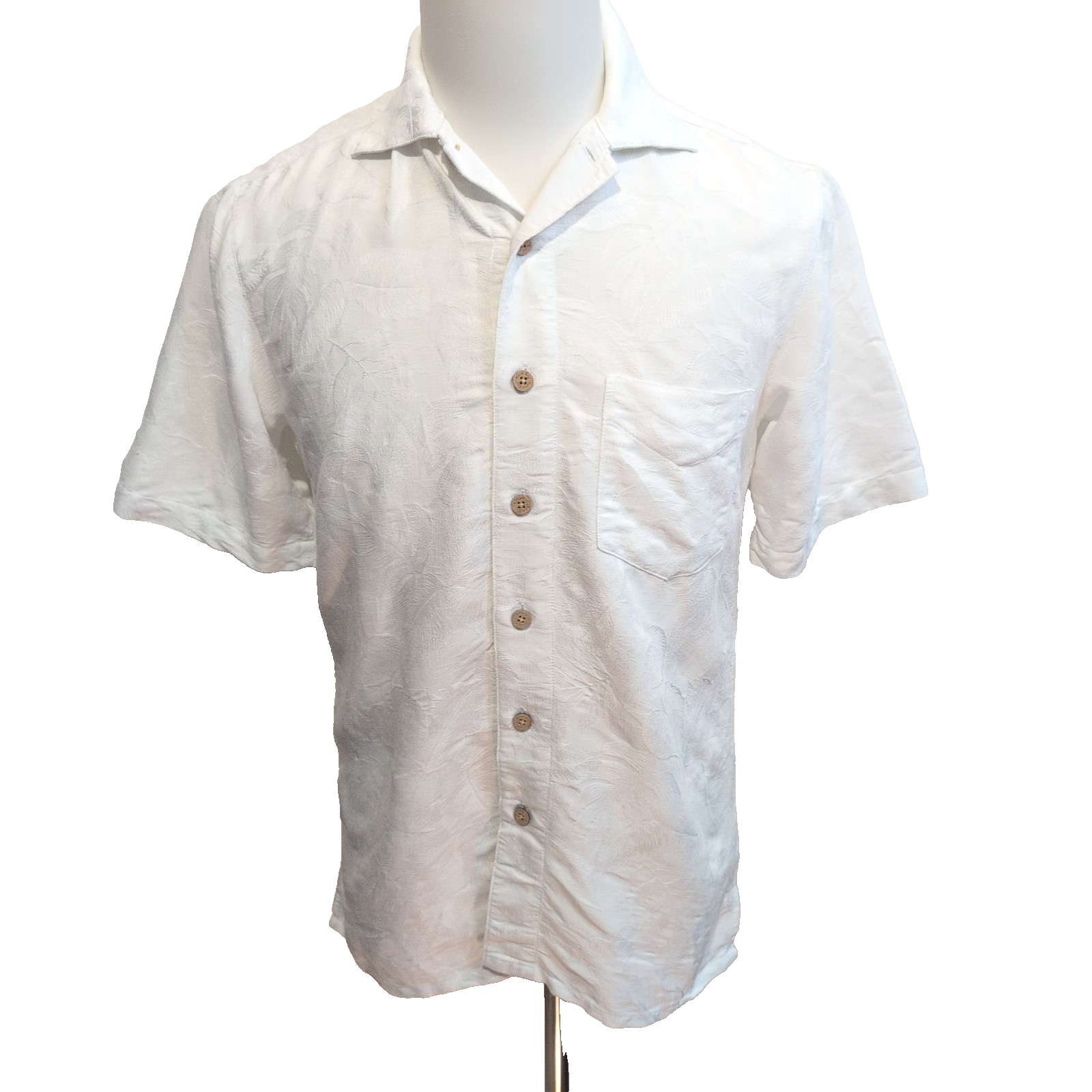 Chemise Hawaïenne Batik Bay S Blanc Feuillage Satiné Boutons Bois