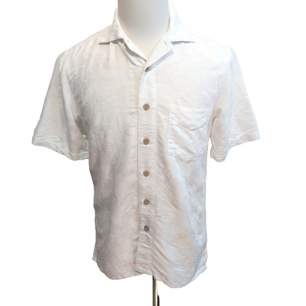 Chemise Hawaïenne Batik Bay S Blanc Feuillage Satiné Boutons Bois
