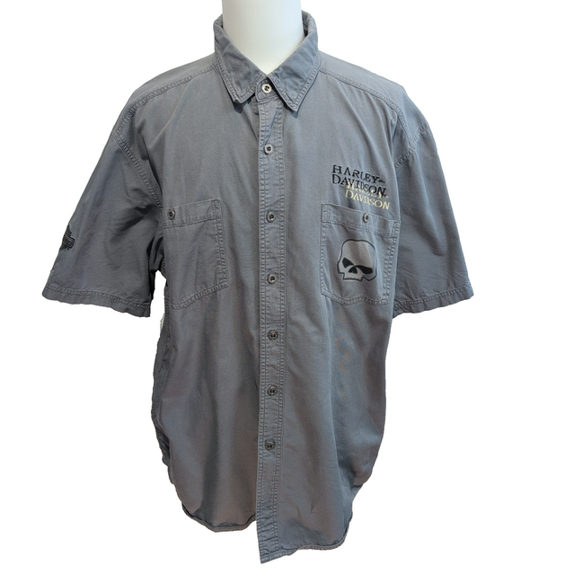 Harley Davidson Chemise Vintage Grise Manches Courtes Tête de Mort Homme 2XL