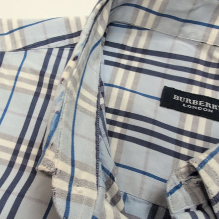 Chemise BURBERRY 100% Coton Bleu Carreaux L XL Logo Brodé Poche Boutonnée