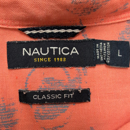 Chemise Hawaïenne Nautica XL Lin Coton Orange Saumon Coquillages manches courtes