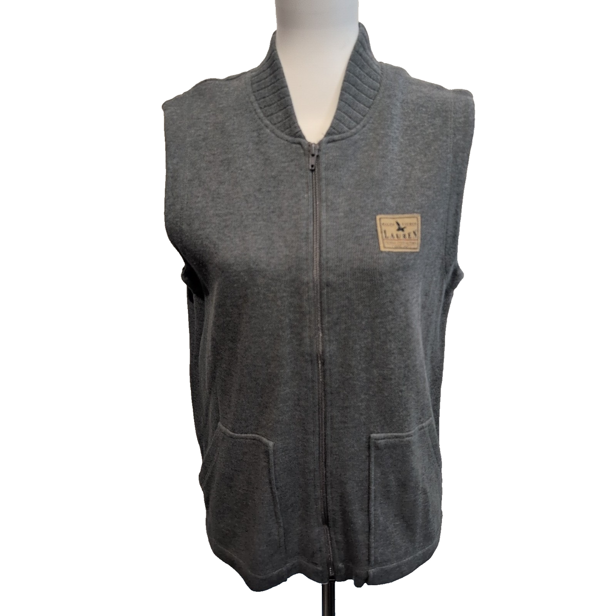Gilet Sans Manches Lauren Ralph Lauren Femme P/M Gris Coton Zippé 2 Poches