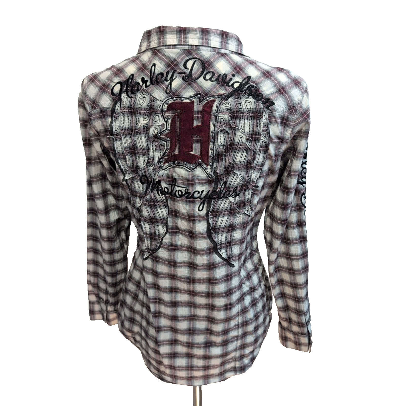Harley Davidson chemise femme ailes d’ange brodées carreaux bordeaux taille S