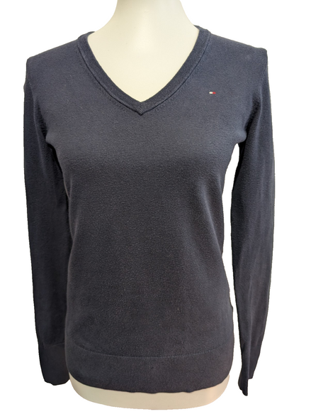 Pull Fin Tommy Hilfiger Femme Col V Bleu Taille S Logo Brodé