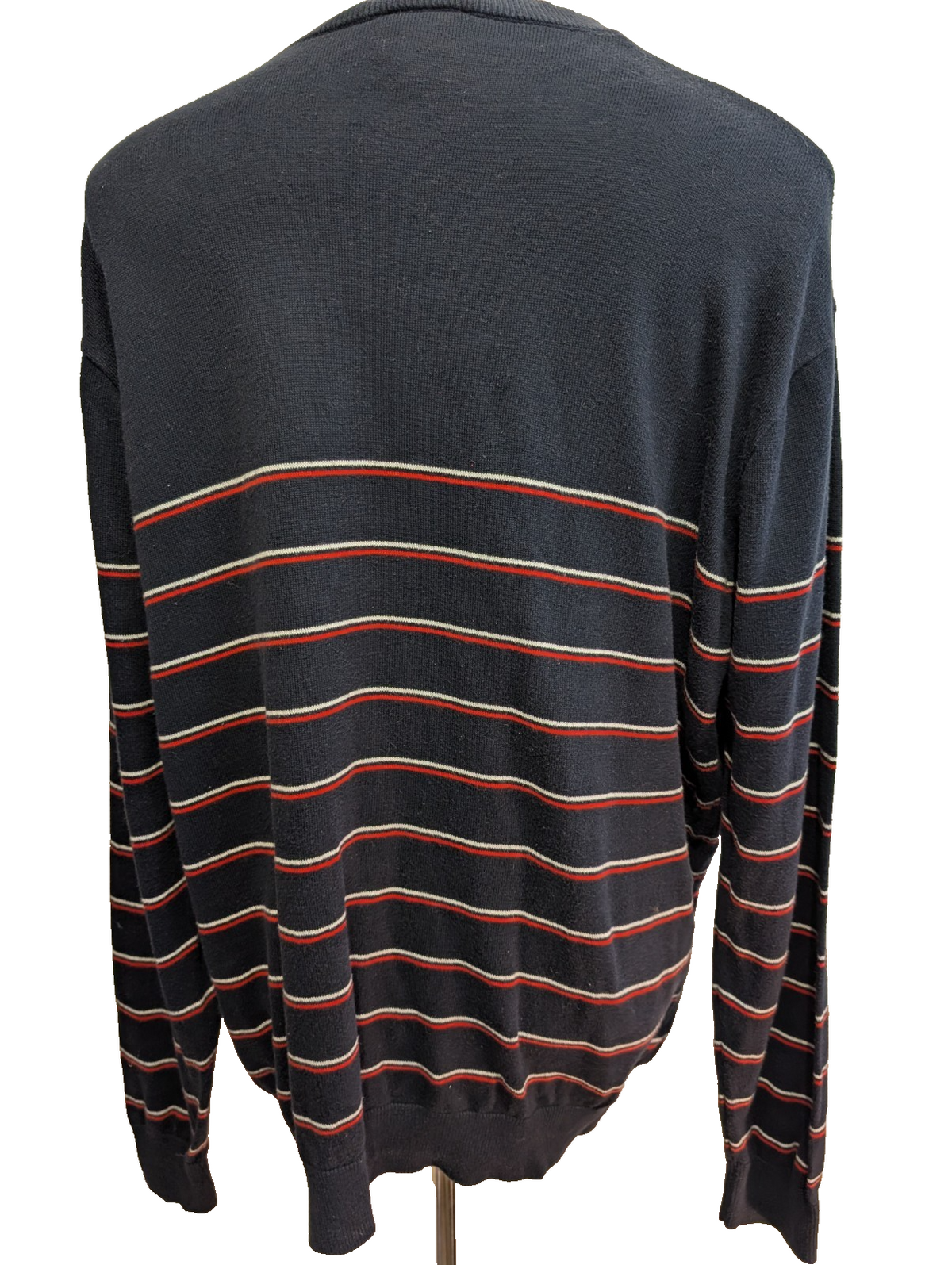 Pull Lacoste XXL Taille 7 bleu marine rayures rouge blanc col V 100% coton