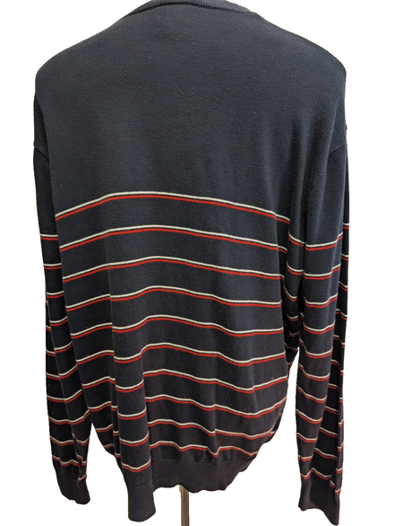 Pull Lacoste XXL Taille 7 bleu marine rayures rouge blanc col V 100% coton