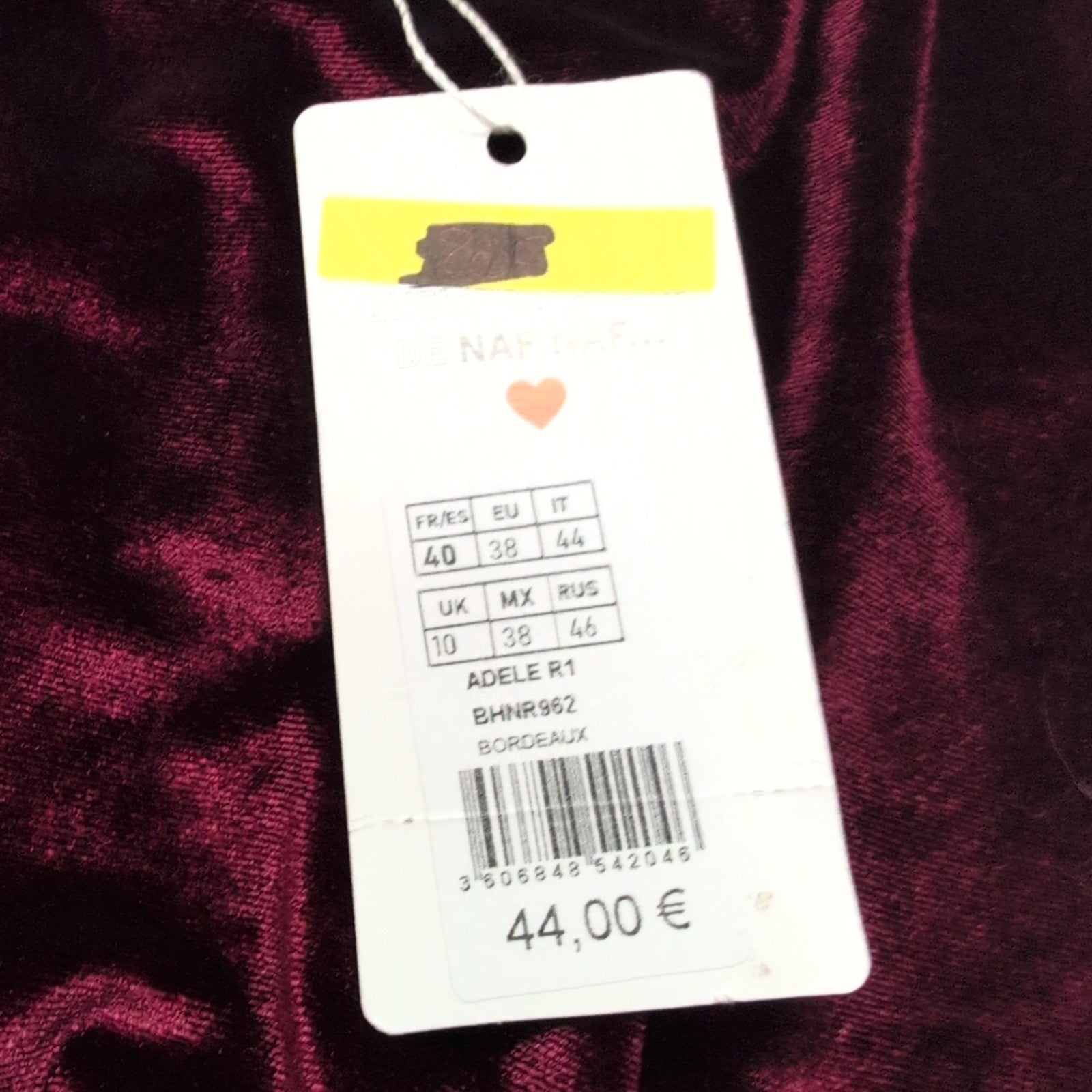 Robe Naf Naf T40 Velours Bordeaux Satiné Manches Courtes Neuve Étiquette
