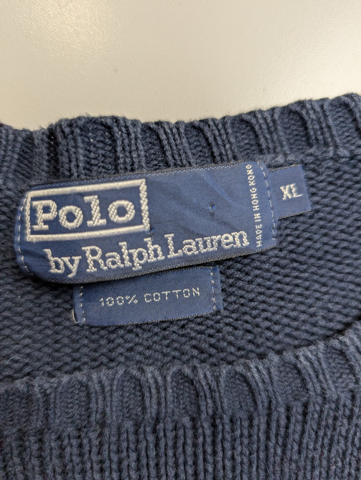 Pull Polo Ralph Lauren XL bleu marine col rond coton logo rouge brodé
