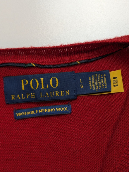 Pull POLO RALPH LAUREN Rouge Col V 100% Laine MERINOS Doux Taille L Homme Luxe