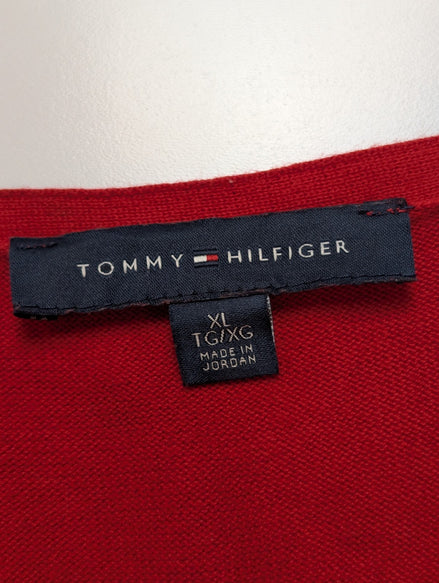 Pull Tommy Hilfiger Femme Col V Rouge & Blanc Losanges Filet d'Or - Taille 2XL
