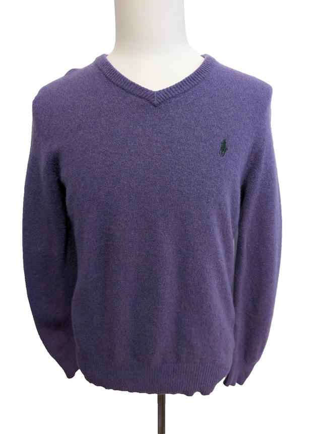 Pull POLO RALPH LAUREN Col V 100% Laine Violet Logo Vert Taille M / L