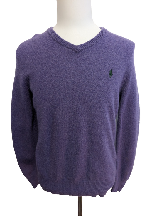 Pull POLO RALPH LAUREN Col V 100% Laine Violet Logo Vert Taille M / L