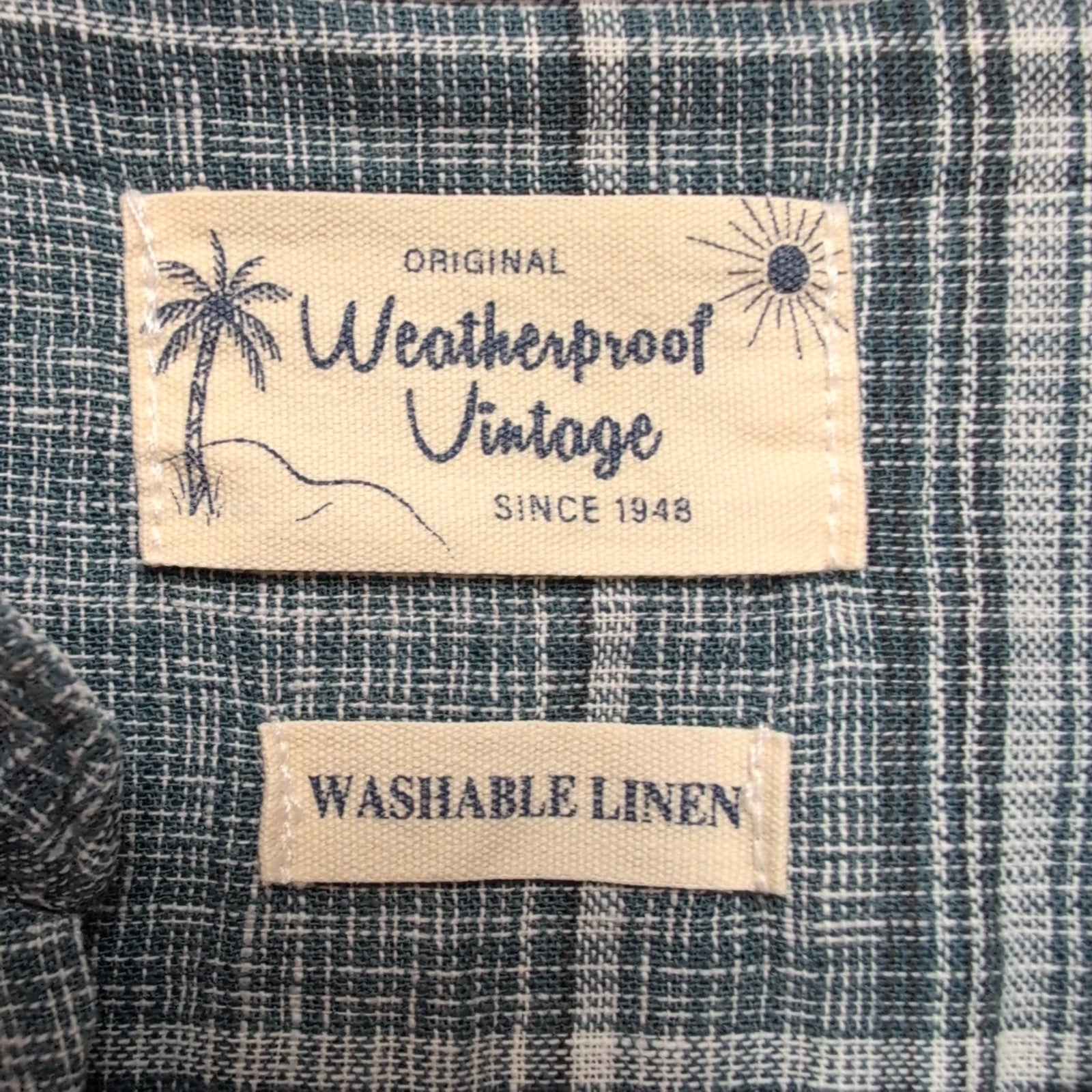 Chemise Weatherproof Vintage XL Carreaux Bleu Vert Lin Coton manches courtes