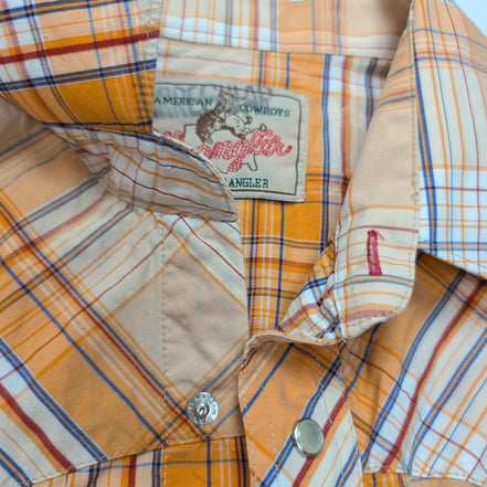 Chemise Wrangler Western M Sans Manches Orange Carreaux Pressions Cowboy