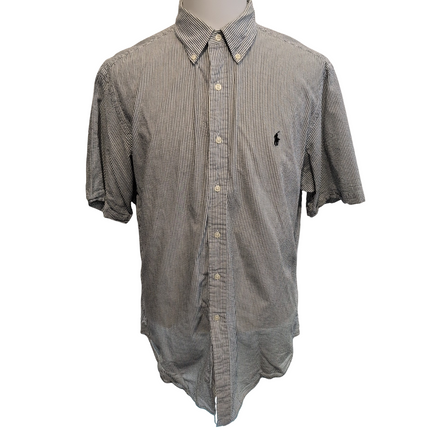 Chemise Ralph Lauren XL Noire Rayures Gaufrées Manches Courtes Button Down Shirt