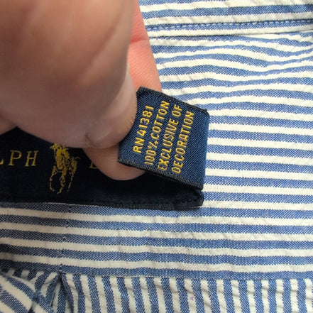 Chemise Ralph Lauren XL Manches Courtes Bleue Rayures Logo Rose Coton