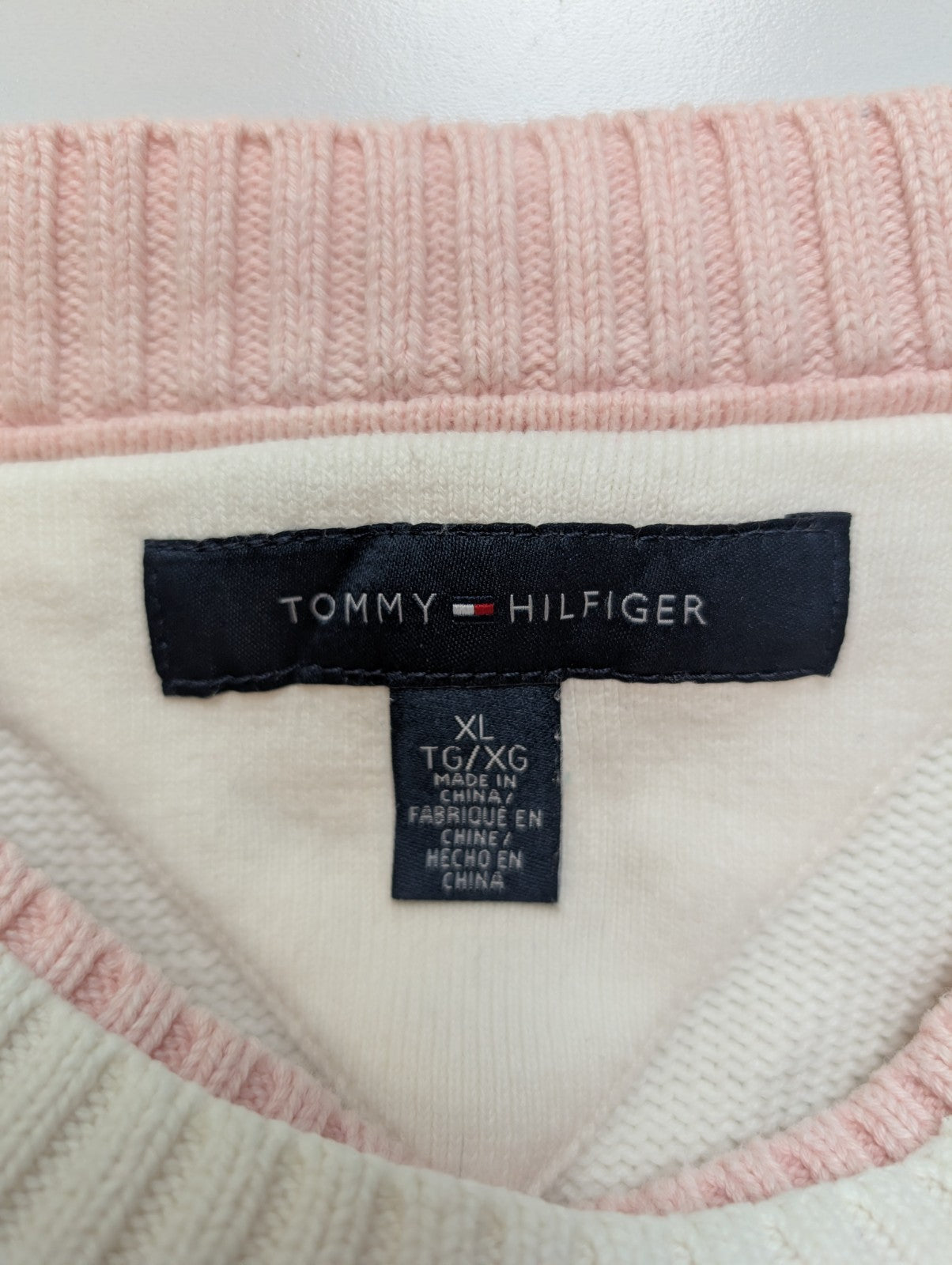 Pull Tommy Hilfiger Blanc Double Col Rose Coton Taille XL (XLTG) Homme/Femme