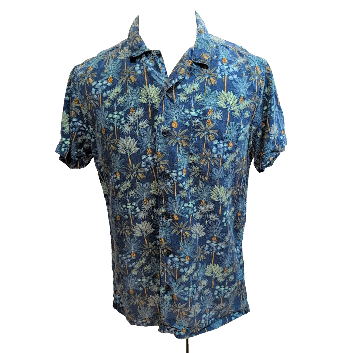 Chemise Hawaïenne M 100% Lyocell Bleue Palmiers Vert Orange Manches courtes