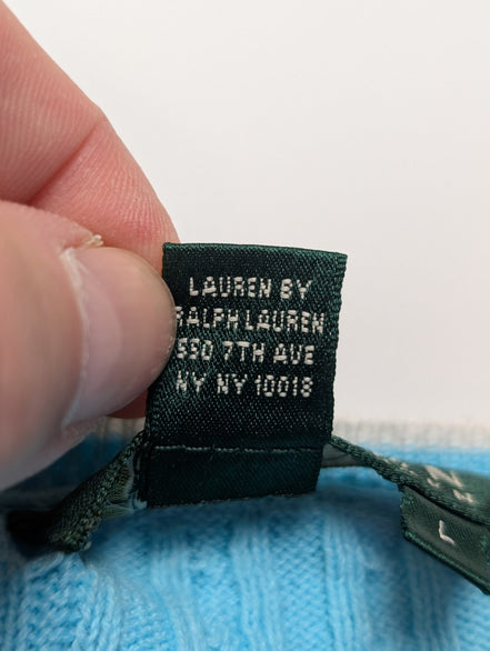 Pull femme LAUREN Ralph Lauren bleu ciel torsades coton col V taille L