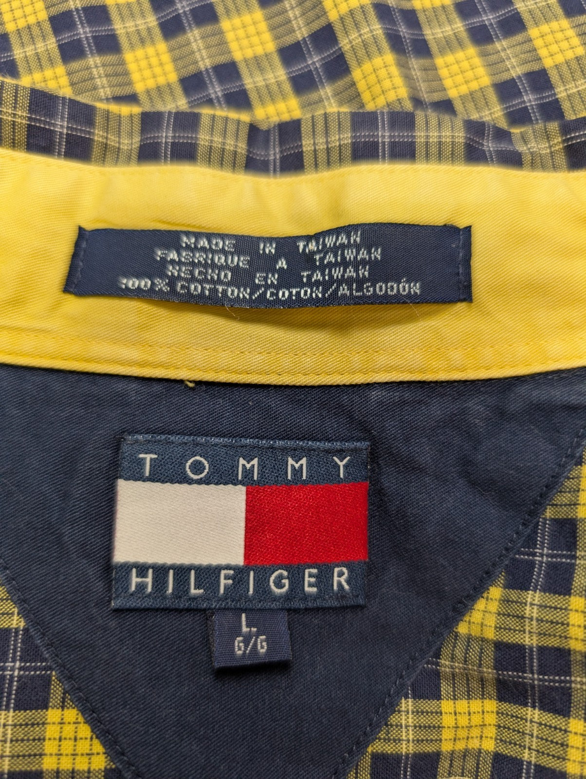 Chemise Tommy Hilfiger jaune à carreaux manches courtes taille L Vintage homme