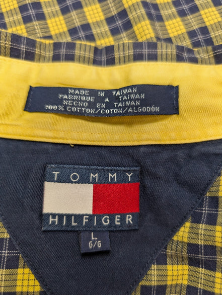 Chemise Tommy Hilfiger jaune à carreaux manches courtes taille L Vintage homme